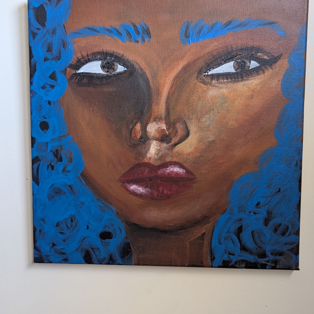 Hand Crafted Blue and Brown Portrait Art. Original Acrylic Painting 12"X12"